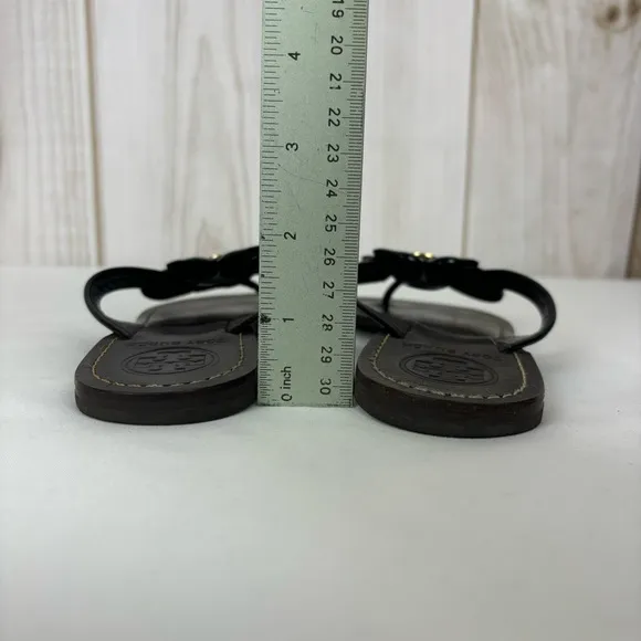 Tory Burch Sandals Patent Leather Thong Flower Vamp Slip-On Flats Black Size 6.5