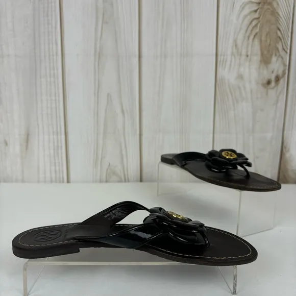 Tory Burch Sandals Patent Leather Thong Flower Vamp Slip-On Flats Black Size 6.5