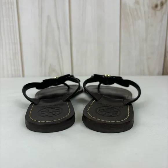 Tory Burch Sandals Patent Leather Thong Flower Vamp Slip-On Flats Black Size 6.5