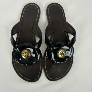 Tory Burch Sandals Patent Leather Thong Flower Vamp Slip-On Flats Black Size 6.5