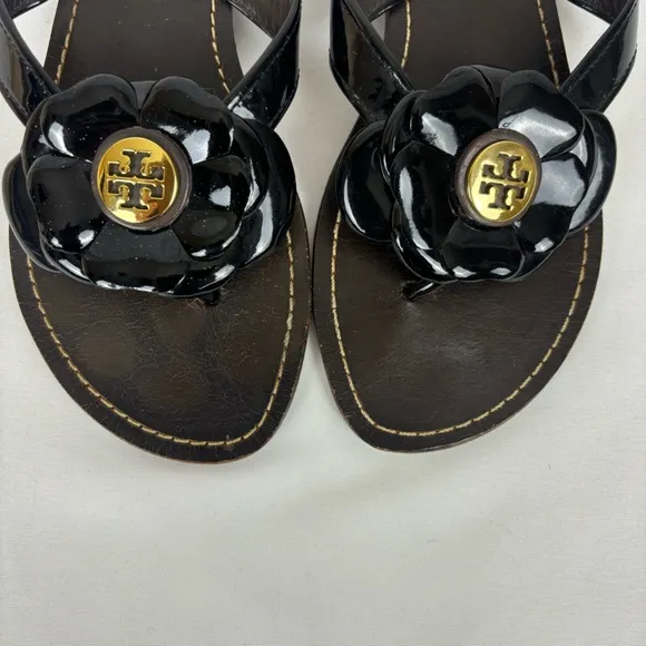 Tory Burch Sandals Patent Leather Thong Flower Vamp Slip-On Flats Black Size 6.5