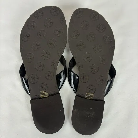 Tory Burch Sandals Patent Leather Thong Flower Vamp Slip-On Flats Black Size 6.5