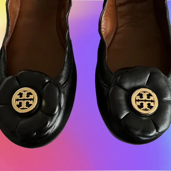TORY BURCH SHELBY BLACK FLOWER NEW BOX SHOES LEATHER LOGO BALLET FLATS 6.5