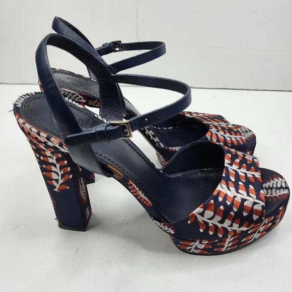 TORY BURCH Solana Jacquard Strappy Platform Sandals Block Heel Women's Size 9.5