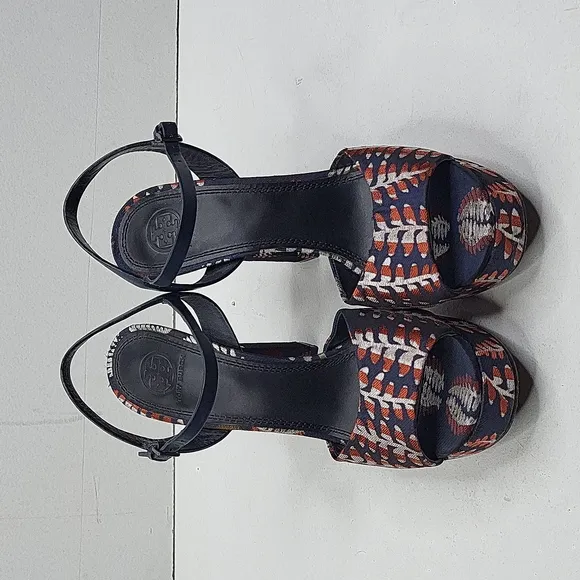 TORY BURCH Solana Jacquard Strappy Platform Sandals Block Heel Women's Size 9.5