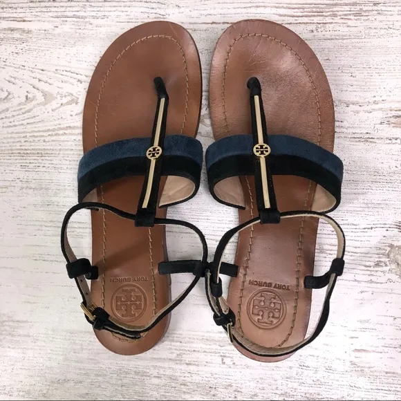 TORY BURCH Suede Leather Bar Logo Lancaster Ankle Strap Thong Sandals 5.5