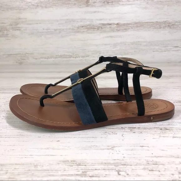 TORY BURCH Suede Leather Bar Logo Lancaster Ankle Strap Thong Sandals 5.5