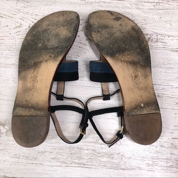 TORY BURCH Suede Leather Bar Logo Lancaster Ankle Strap Thong Sandals 5.5