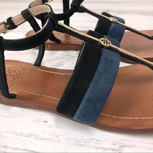 TORY BURCH Suede Leather Bar Logo Lancaster Ankle Strap Thong Sandals 5.5