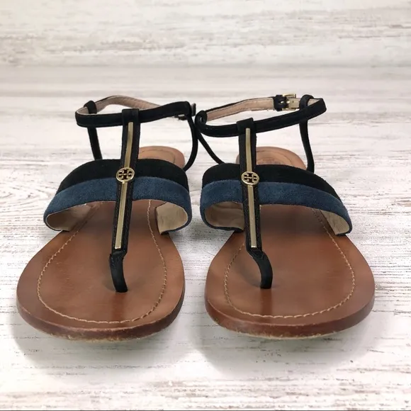 TORY BURCH Suede Leather Bar Logo Lancaster Ankle Strap Thong Sandals 5.5