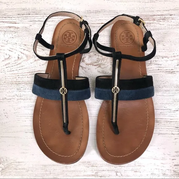 TORY BURCH Suede Leather Bar Logo Lancaster Ankle Strap Thong Sandals 5.5