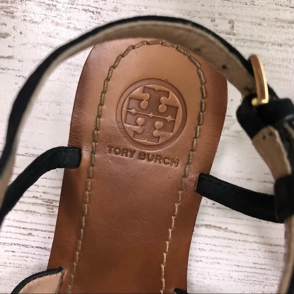 TORY BURCH Suede Leather Bar Logo Lancaster Ankle Strap Thong Sandals 5.5