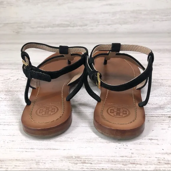 TORY BURCH Suede Leather Bar Logo Lancaster Ankle Strap Thong Sandals 5.5