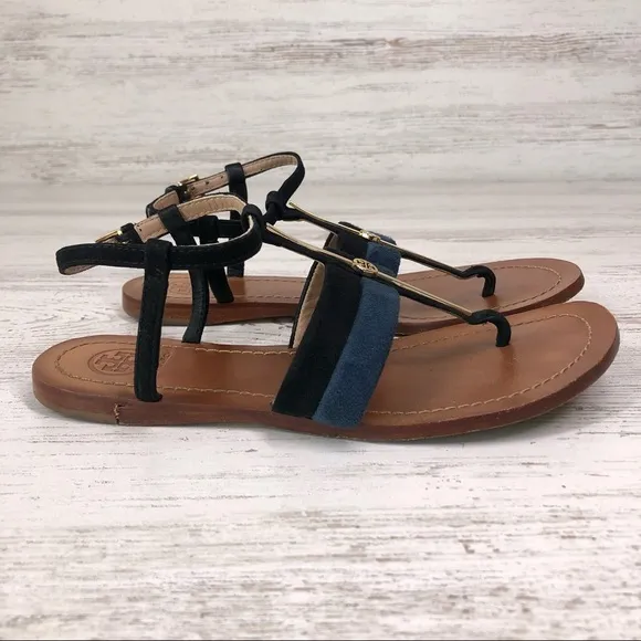 TORY BURCH Suede Leather Bar Logo Lancaster Ankle Strap Thong Sandals 5.5