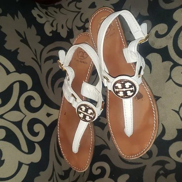 Tory Burch T strap white leather tan gold sandals 8
