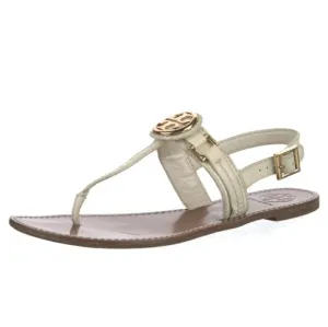 Tory Burch T strap white leather tan gold sandals 8