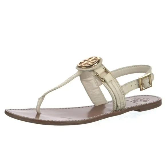 Tory Burch T strap white leather tan gold sandals 8