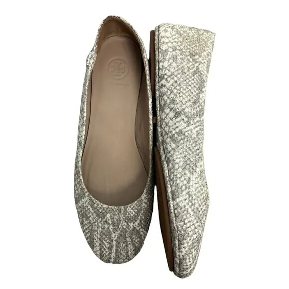 TORY BURCH Travel T Snake Embossed Sparkling Leather Ballet Flats Roccia 9M