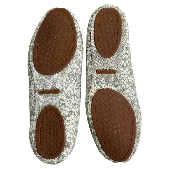 TORY BURCH Travel T Snake Embossed Sparkling Leather Ballet Flats Roccia 9M