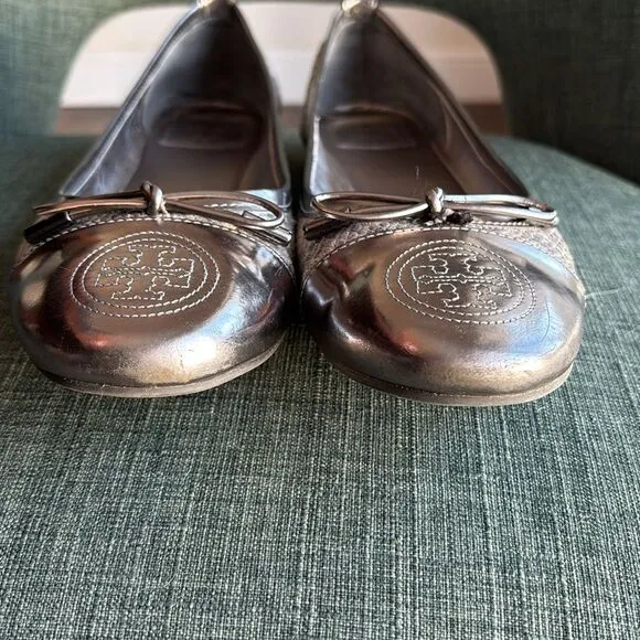 Tory Burch women ballet flats verbena leather metallic snake skin shoes 8.5 EUC