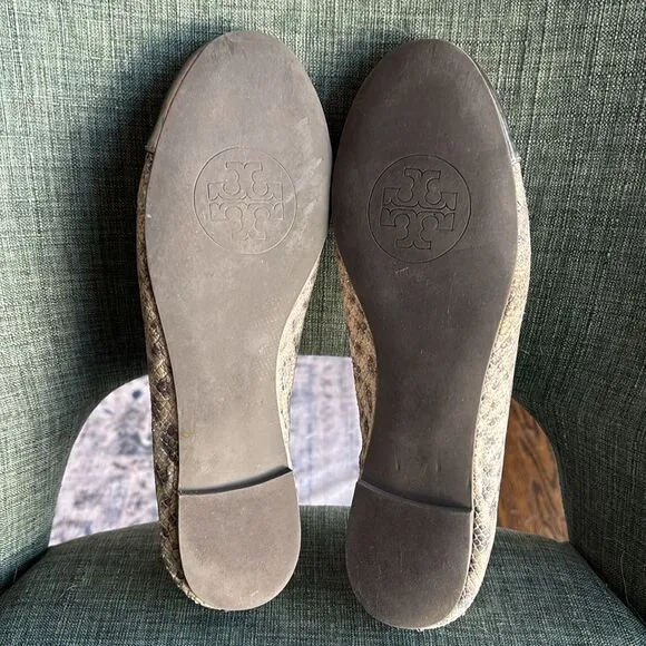 Tory Burch women ballet flats verbena leather metallic snake skin shoes 8.5 EUC