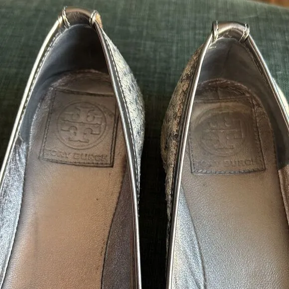 Tory Burch women ballet flats verbena leather metallic snake skin shoes 8.5 EUC