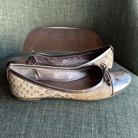 Tory Burch women ballet flats verbena leather metallic snake skin shoes 8.5 EUC