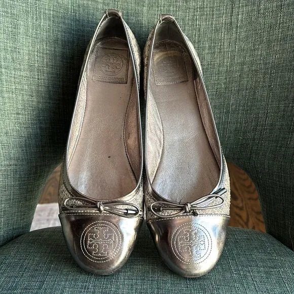 Tory Burch women ballet flats verbena leather metallic snake skin shoes 8.5 EUC