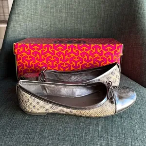 Tory Burch women ballet flats verbena leather metallic snake skin shoes 8.5 EUC