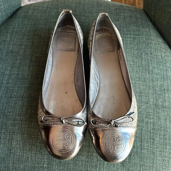 Tory Burch women ballet flats verbena leather metallic snake skin shoes 8.5 EUC