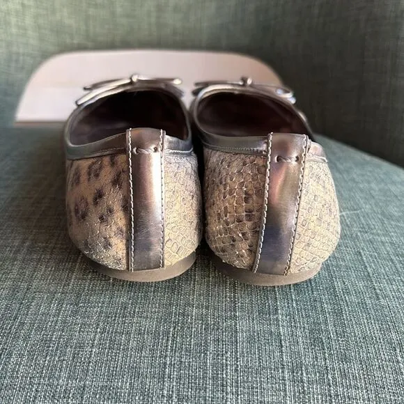 Tory Burch women ballet flats verbena leather metallic snake skin shoes 8.5 EUC