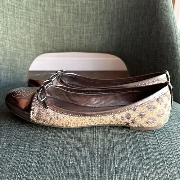 Tory Burch women ballet flats verbena leather metallic snake skin shoes 8.5 EUC