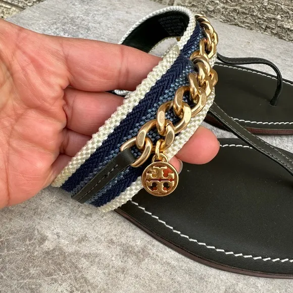 Tory Burch Women Mini Benton Chain Band Webbing Thong Sandals size 6.5