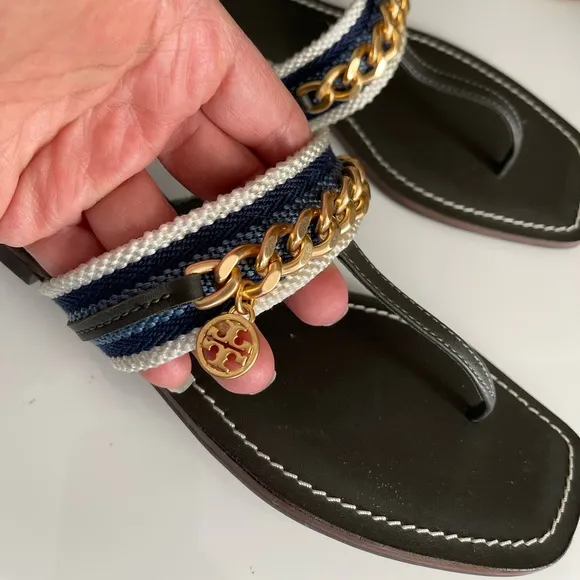 Tory Burch Women Mini Benton Chain Band Webbing Thong Sandals size 6.5