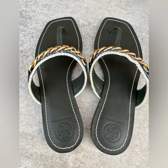 Tory Burch Women Mini Benton Chain Band Webbing Thong Sandals size 6.5