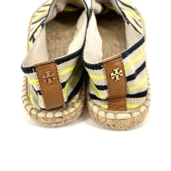 Tory Burch Women’s 10 Navy Neon Green Striped Espadrilles