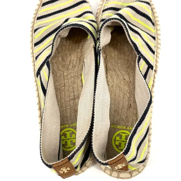 Tory Burch Women’s 10 Navy Neon Green Striped Espadrilles