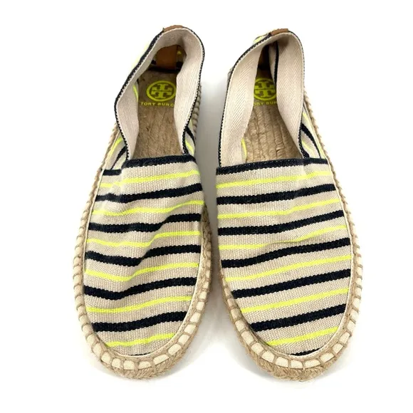Tory Burch Women’s 10 Navy Neon Green Striped Espadrilles