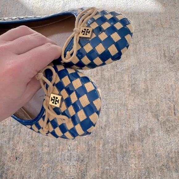 Tory Burch Women’s Blue &amp; Beige Woven Gingham Ballet Flats Size 9.5