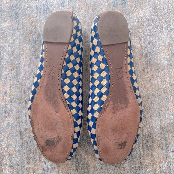 Tory Burch Women’s Blue &amp; Beige Woven Gingham Ballet Flats Size 9.5