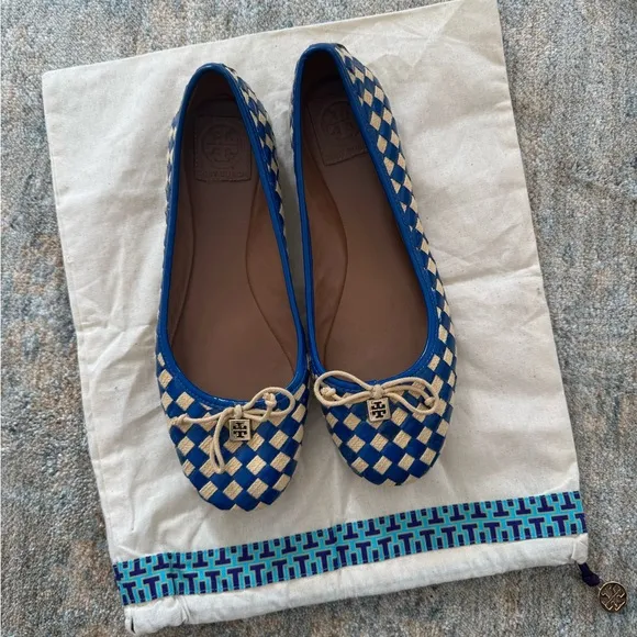 Tory Burch Women’s Blue &amp; Beige Woven Gingham Ballet Flats Size 9.5