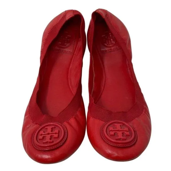 Tory Burch Work Closed Toe Size 7 Caroline Red Logo Leather Slip-On Ballet Flats