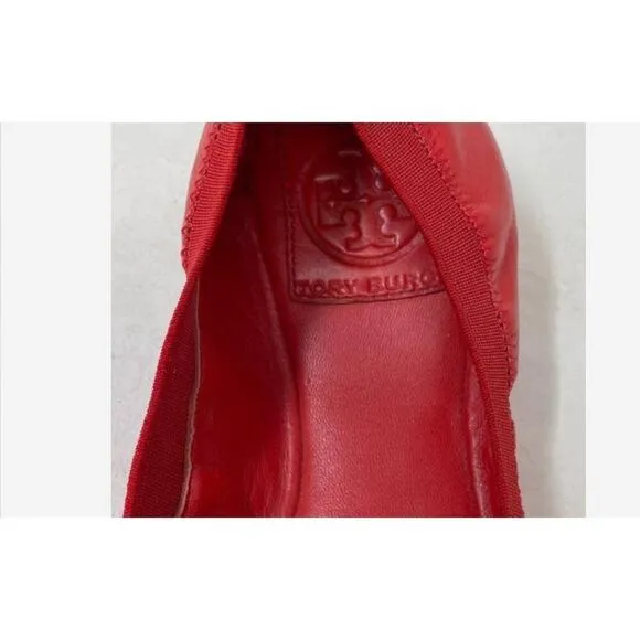 Tory Burch Work Closed Toe Size 7 Caroline Red Logo Leather Slip-On Ballet Flats