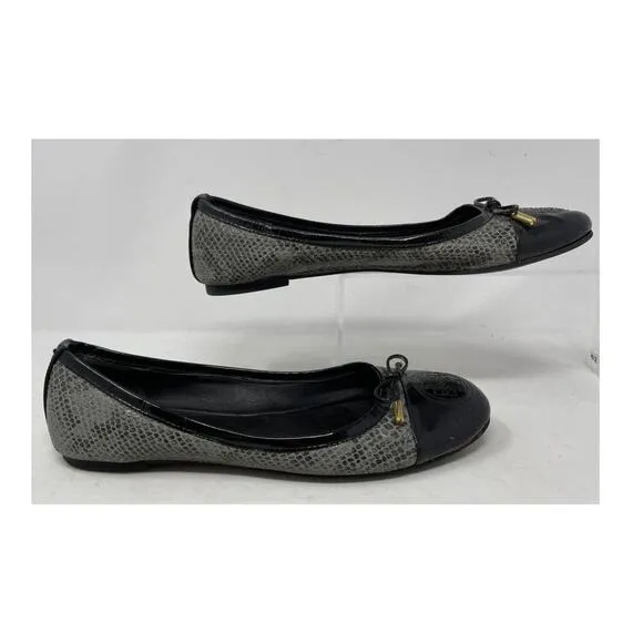 Tory Burch Work Size 9.5 Verbena Gray Black Snake Print Patent Leather Flats