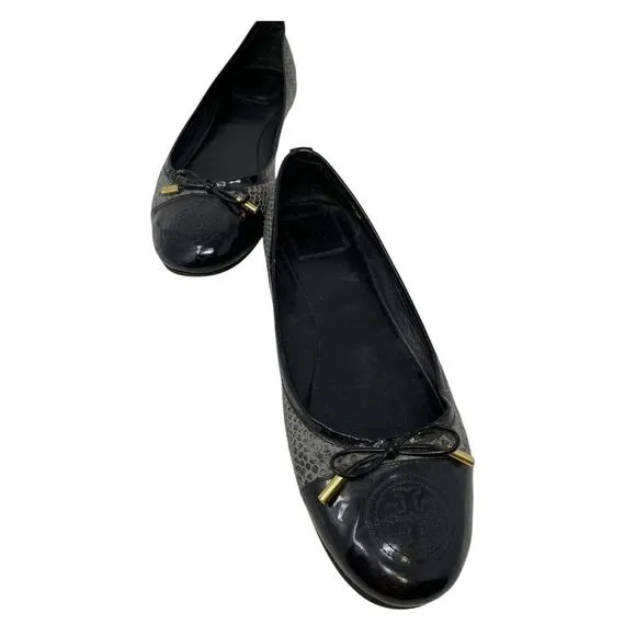 Tory Burch Work Size 9.5 Verbena Gray Black Snake Print Patent Leather Flats