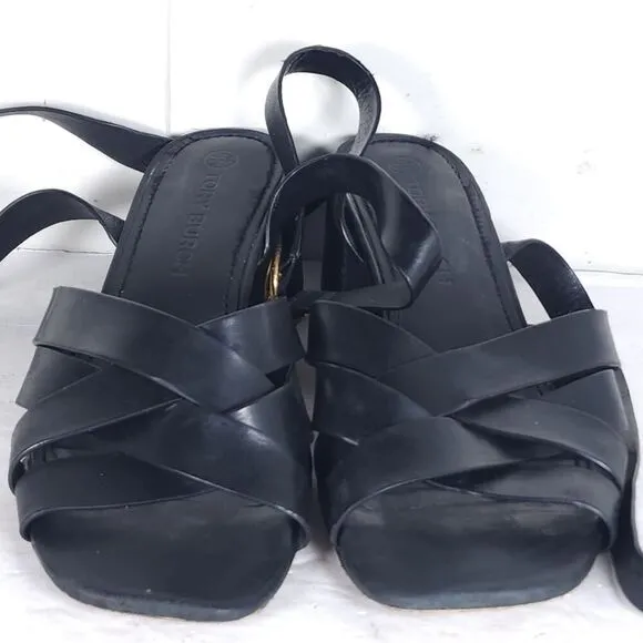 Tory Burch Women's City Heel US 9M Black Leather Crisscross Ankle Strap Sandals