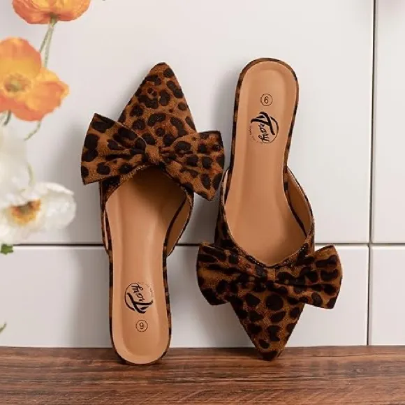 Trary Women's Backless Loafers Mule Shoes Leopard Print, Pointed Toe Flats Sz 8