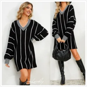 Trendy Black V-Neck Striped Mini Dress
