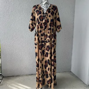 TSQ2 Plunge Leopard Oversize Kimono Maxi Dress L NWT