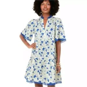 Tuckernuck Bluebird Melody Crawford Linen Blend Dress Sz L Blue Floral Tiered